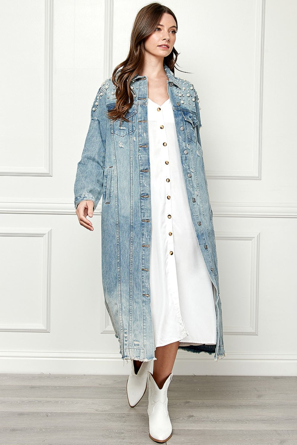 Veveret Full Size Distressed Raw Hem Pearl Detail Button Up Jacket 13473 | Gulf Resellers