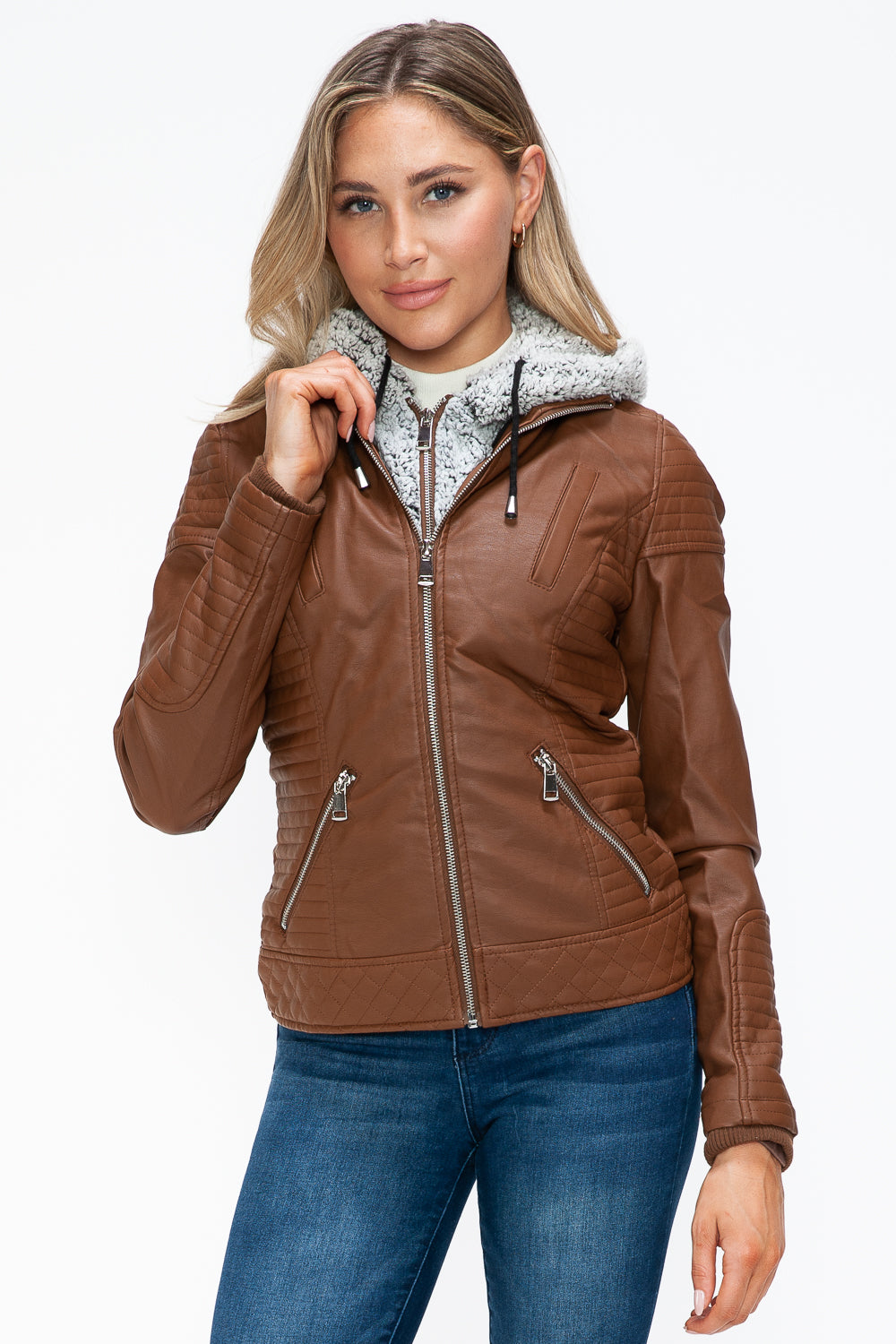 YMI Faux Layered Double-Zipper Jacket with Fuzzy Hood 15589 | Gulf Resellers