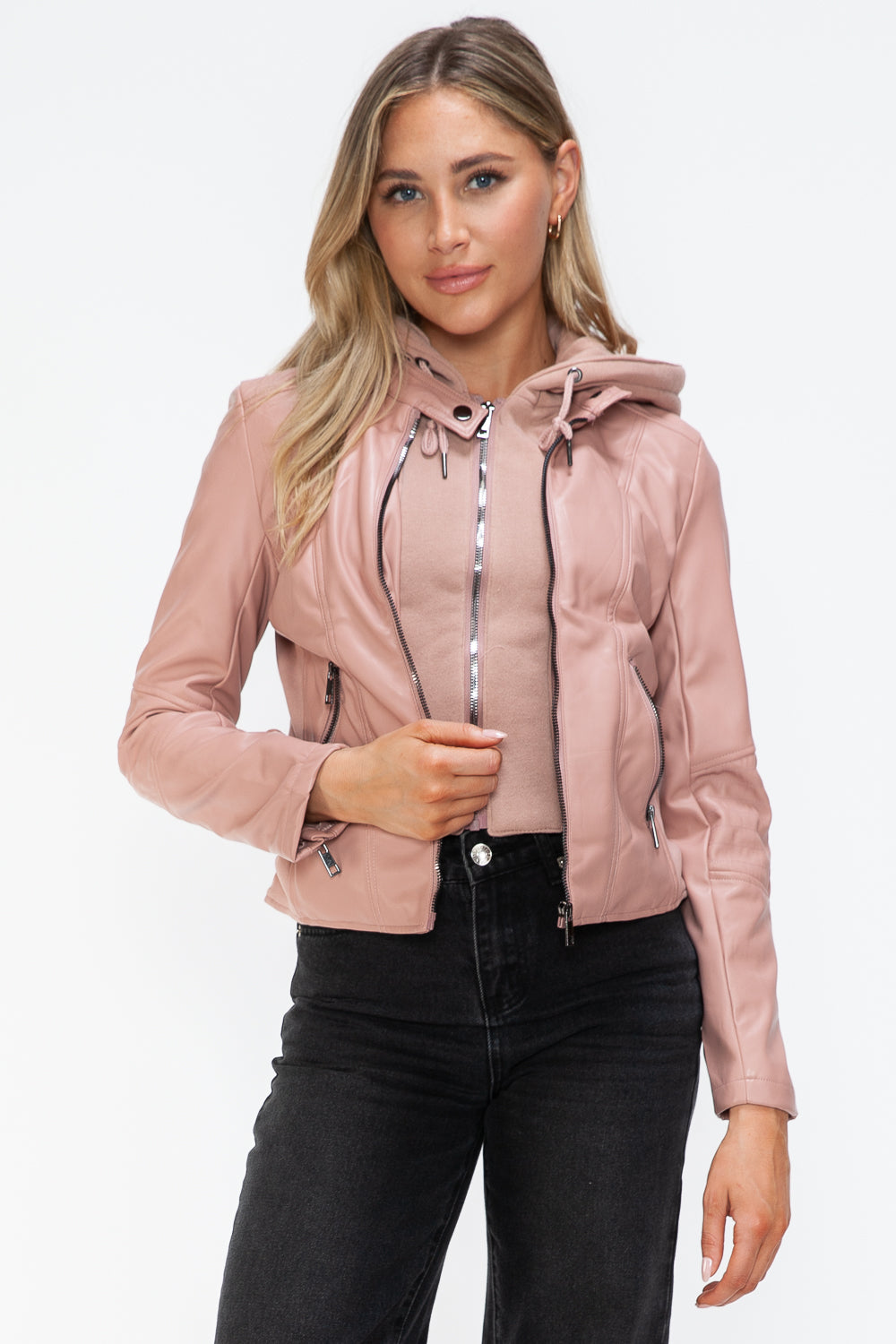 Snobbish Faux Leather Zip Up Drawstring Hooded Jacket 15153 | Gulf Resellers