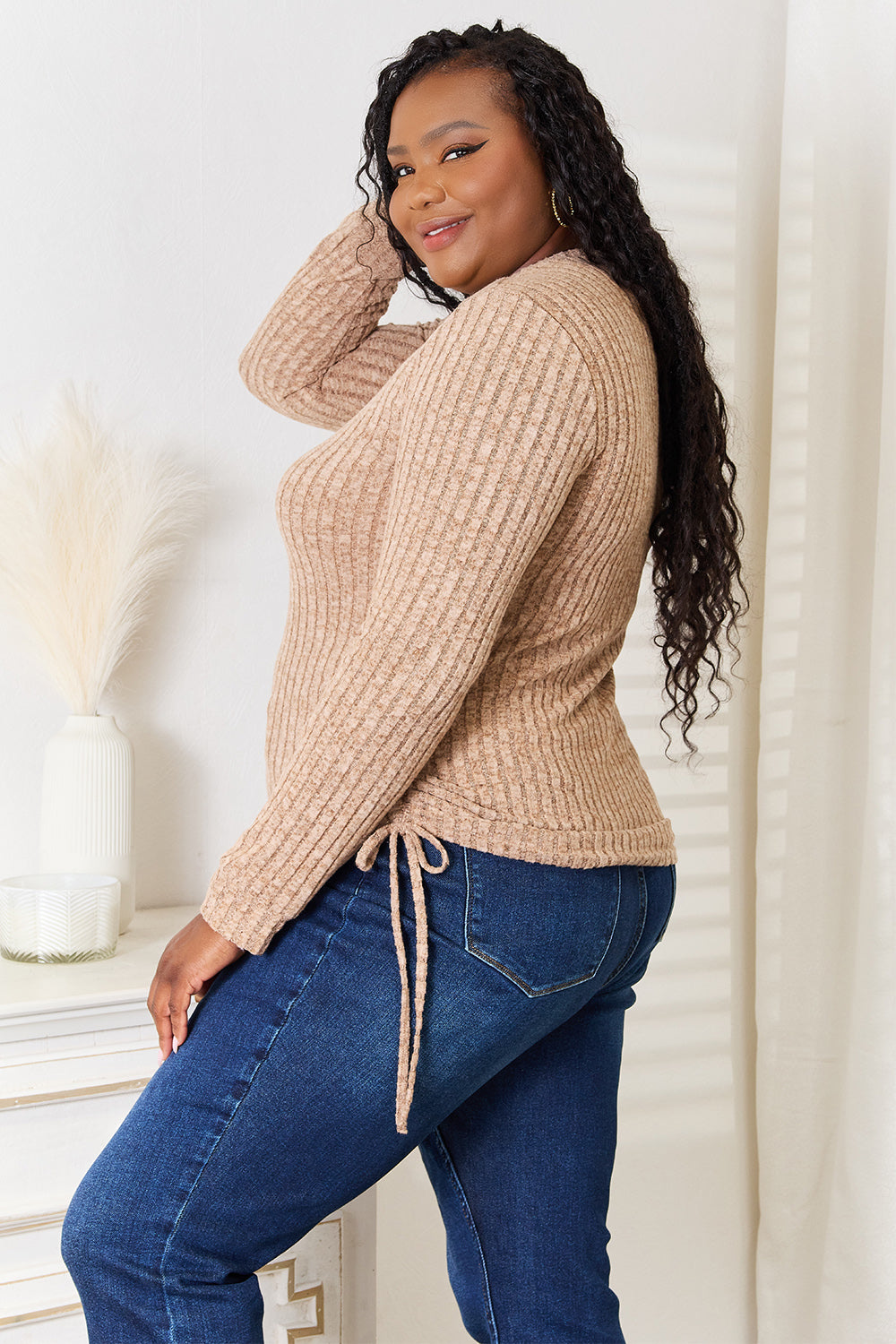 Double Take Drawstring Ribbed Long Sleeve T-Shirt | Gulf Resellers