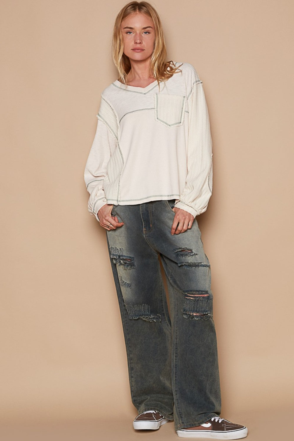 POL V-Neck knit Panel Exposed Seam Top 8275 | Gulf Resellers