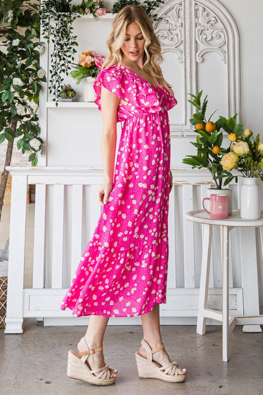 Reborn J Printed V-Neck Ruffle Trim Tiered Midi Dress 5465 | Gulf Resellers