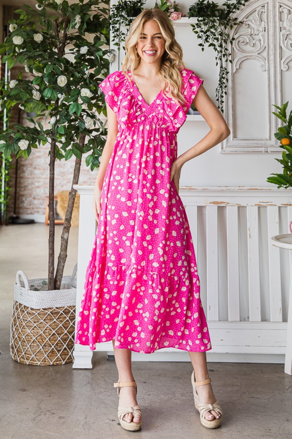 Reborn J Printed V-Neck Ruffle Trim Tiered Midi Dress 5466 | Gulf Resellers