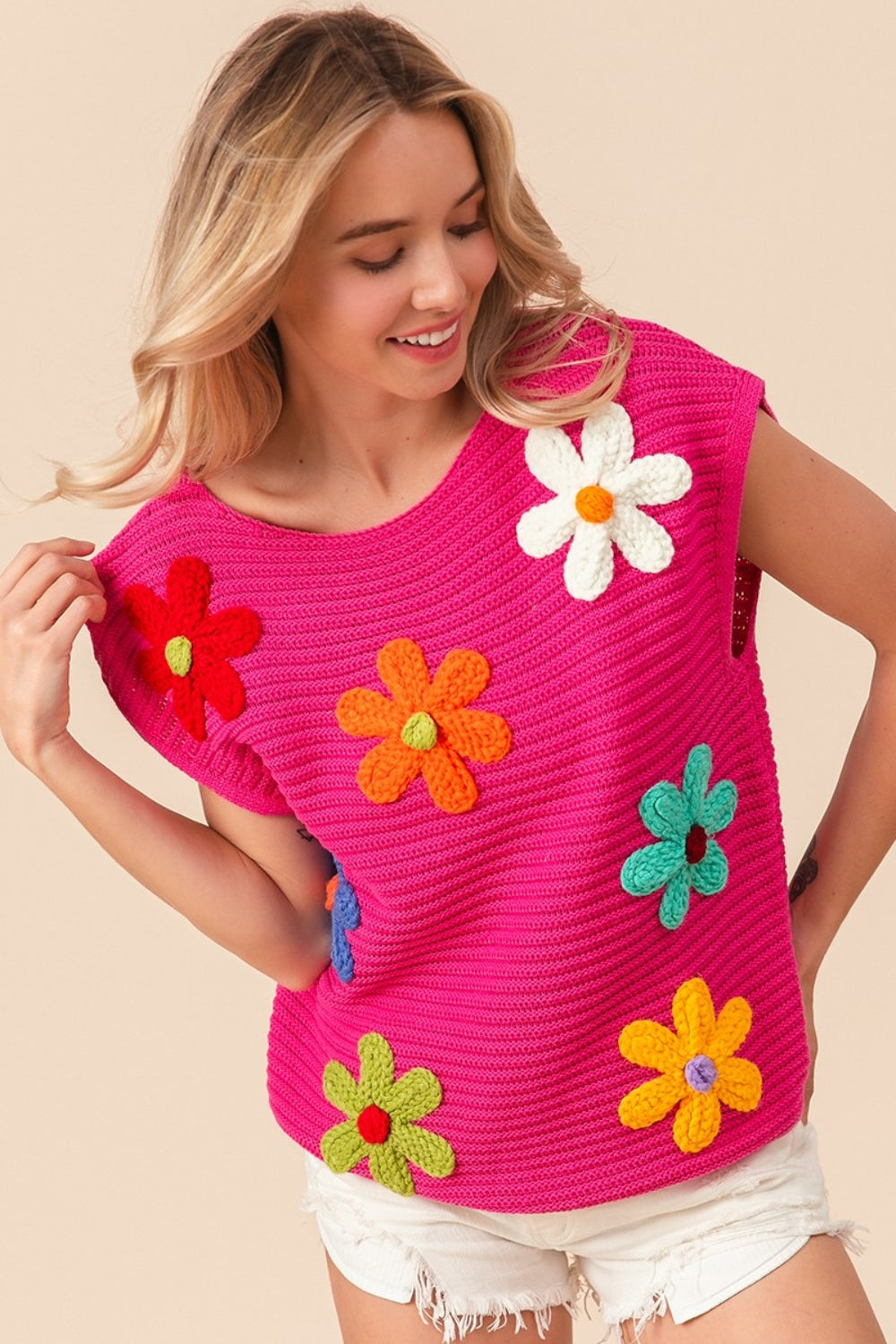 BiBi Flower Round Neck Cap Sleeve Knit Top 8338 | Gulf Resellers