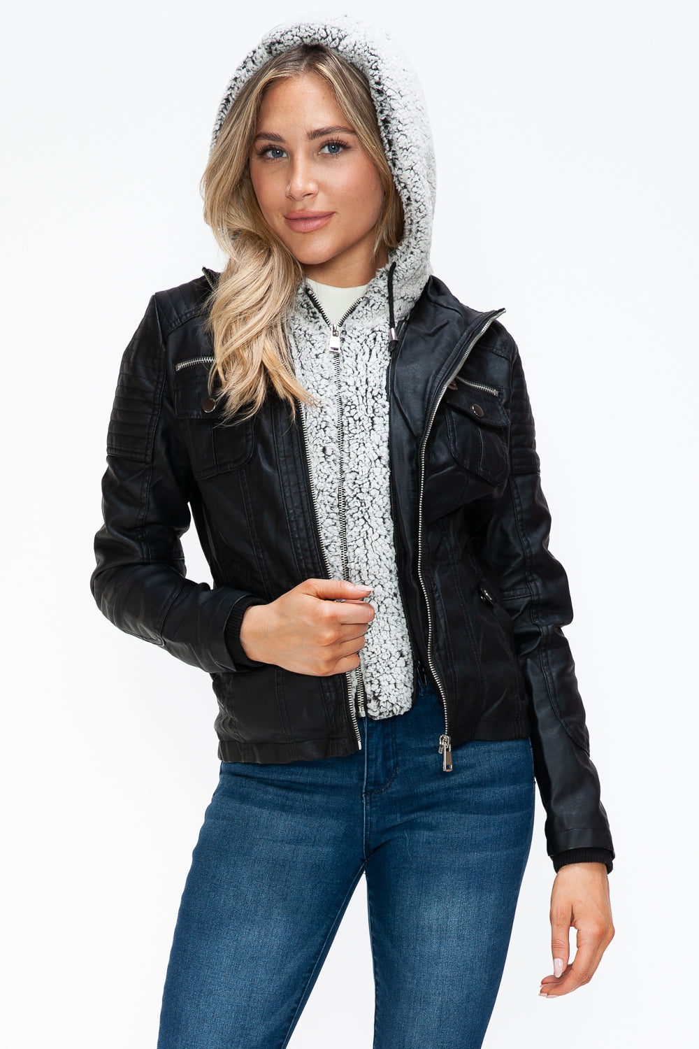 YMI Removable Faux Layered Multi-Pocket Jacket with Fuzzy Hood 15815 | Gulf Resellers