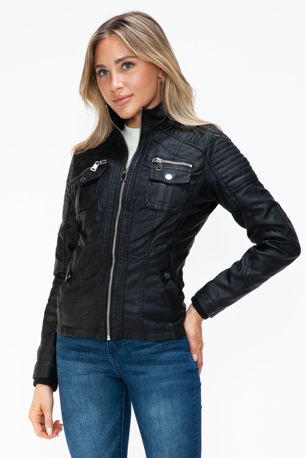 YMI Removable Faux Layered Multi-Pocket Jacket with Fuzzy Hood 15826 | Gulf Resellers