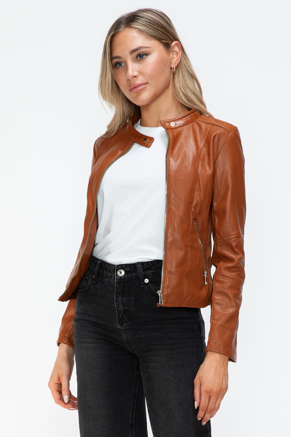 Snobbish Faux Leather Zip Up Drawstring Hooded Jacket 16016 | Gulf Resellers