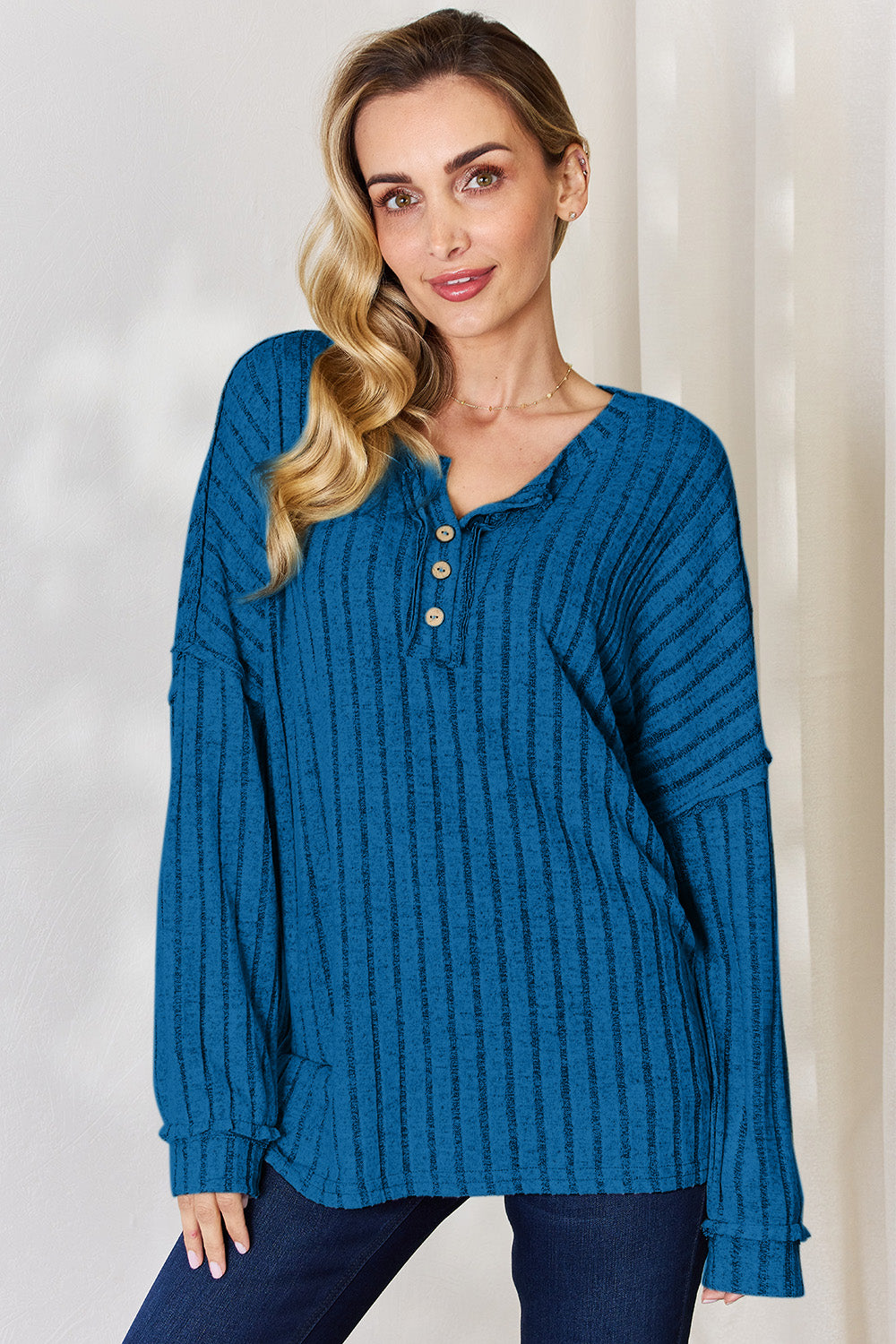 Basic Bae Full Size Ribbed Half Button Long Sleeve T-Shirt | Gulf Resellers