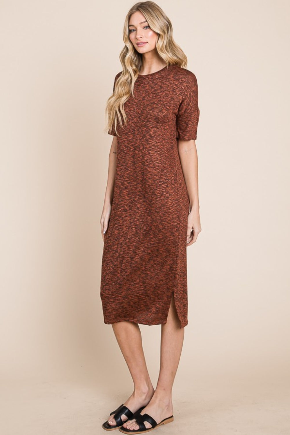 BOMBOM Round Neck Side Slit Midi Dress 9571 | Gulf Resellers