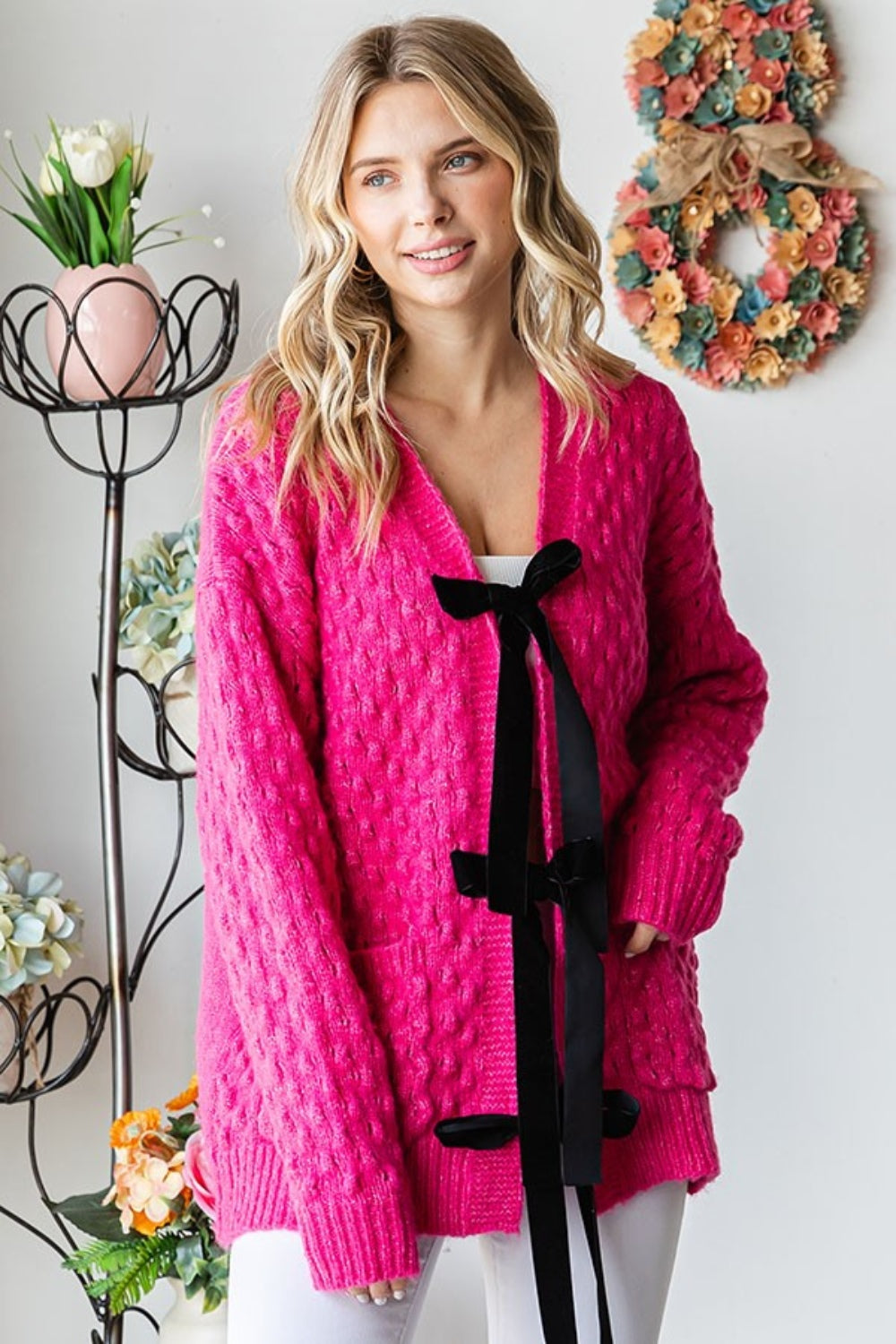 First Love Tie Closure Open Knit Cardigan 10278 | Gulf Resellers
