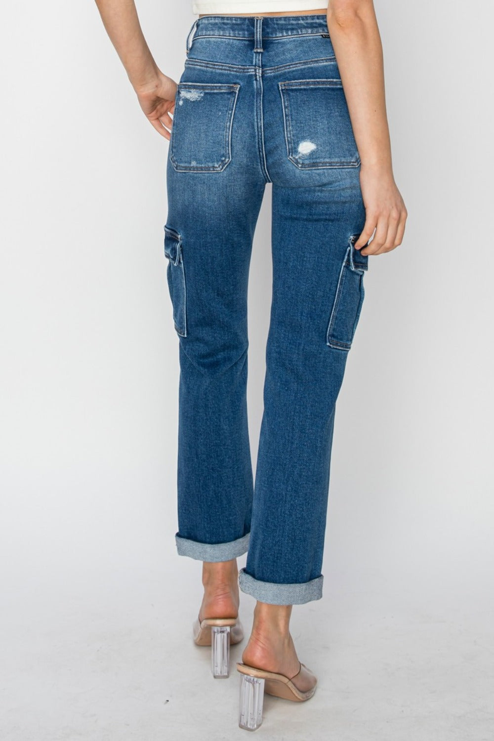 RISEN Full Size High Rise Cargo Ankle Roll Up Straight Jeans 10778 | Gulf Resellers