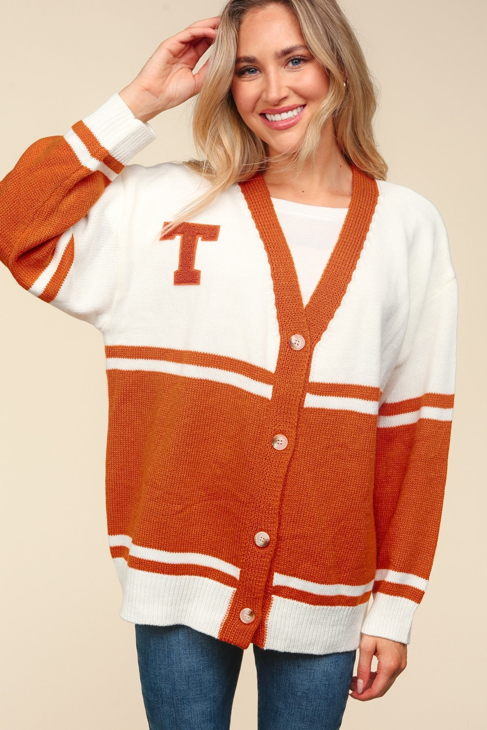 Haptics Full Size V Neck Button Down Letter Patch Cardigan 9984 | Gulf Resellers