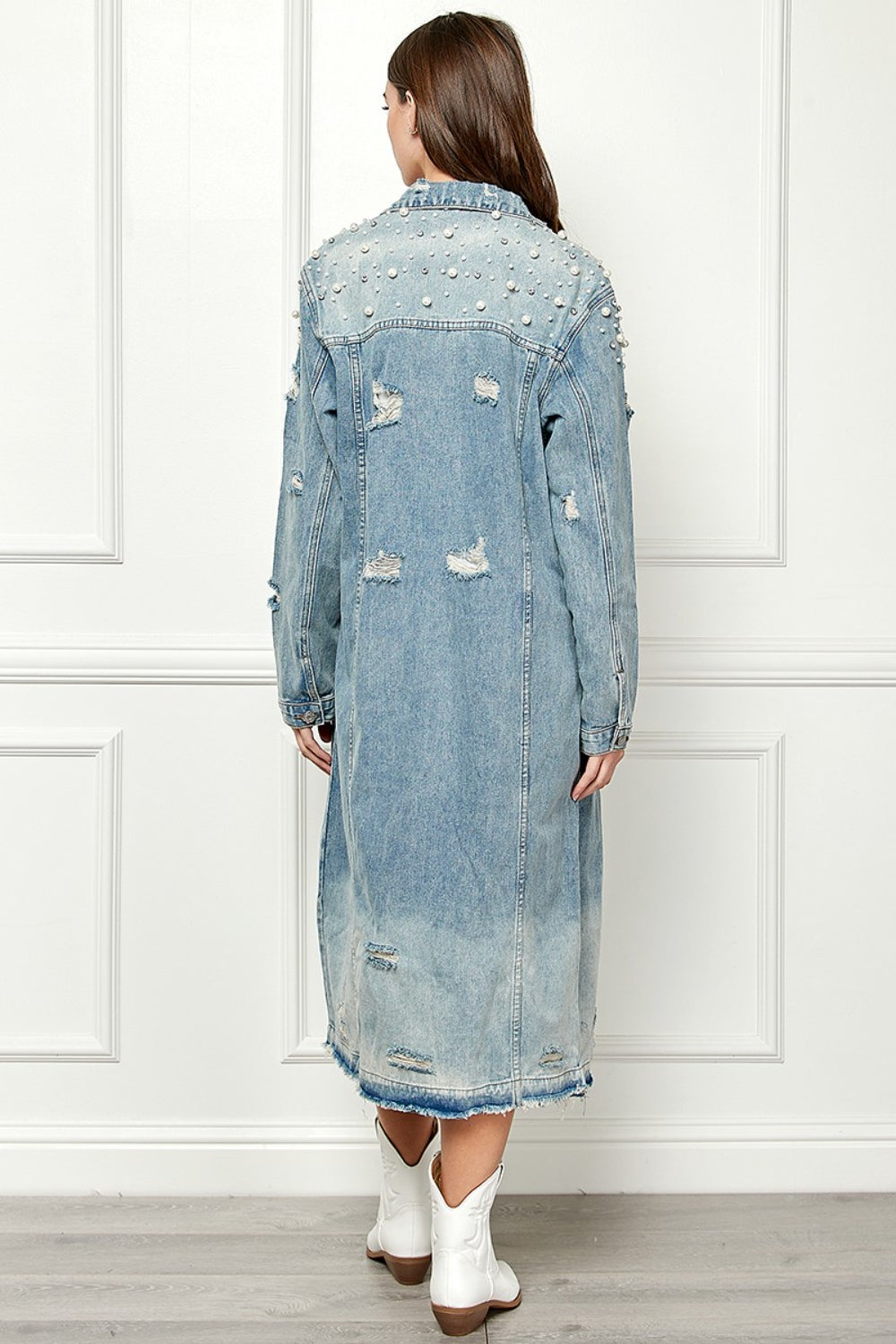Veveret Full Size Distressed Raw Hem Pearl Detail Button Up Jacket 13471 | Gulf Resellers
