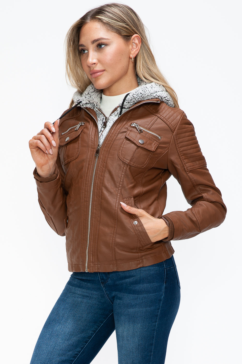 YMI Removable Faux Layered Multi-Pocket Jacket with Fuzzy Hood 15786 | Gulf Resellers