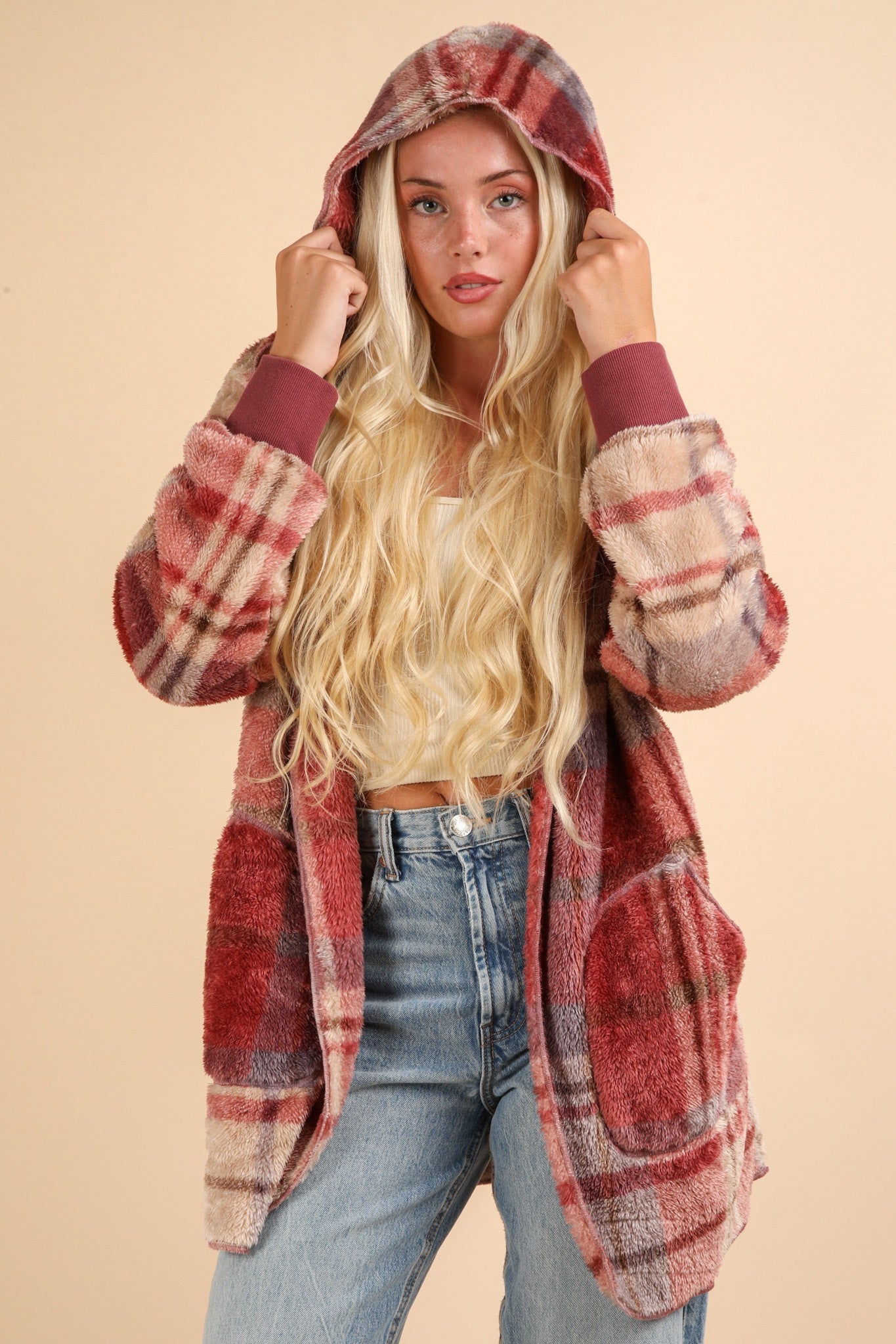 VERY J Fuzzy Plaid Long Sleeve Hooded Jacket 13269 | Gulf Resellers