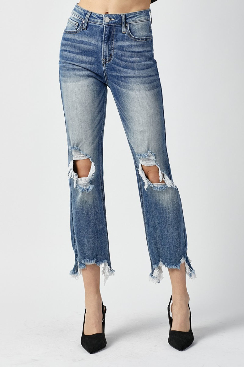 RISEN High Waist Distressed Frayed Hem Cropped Straight Jeans | Gulf Resellers