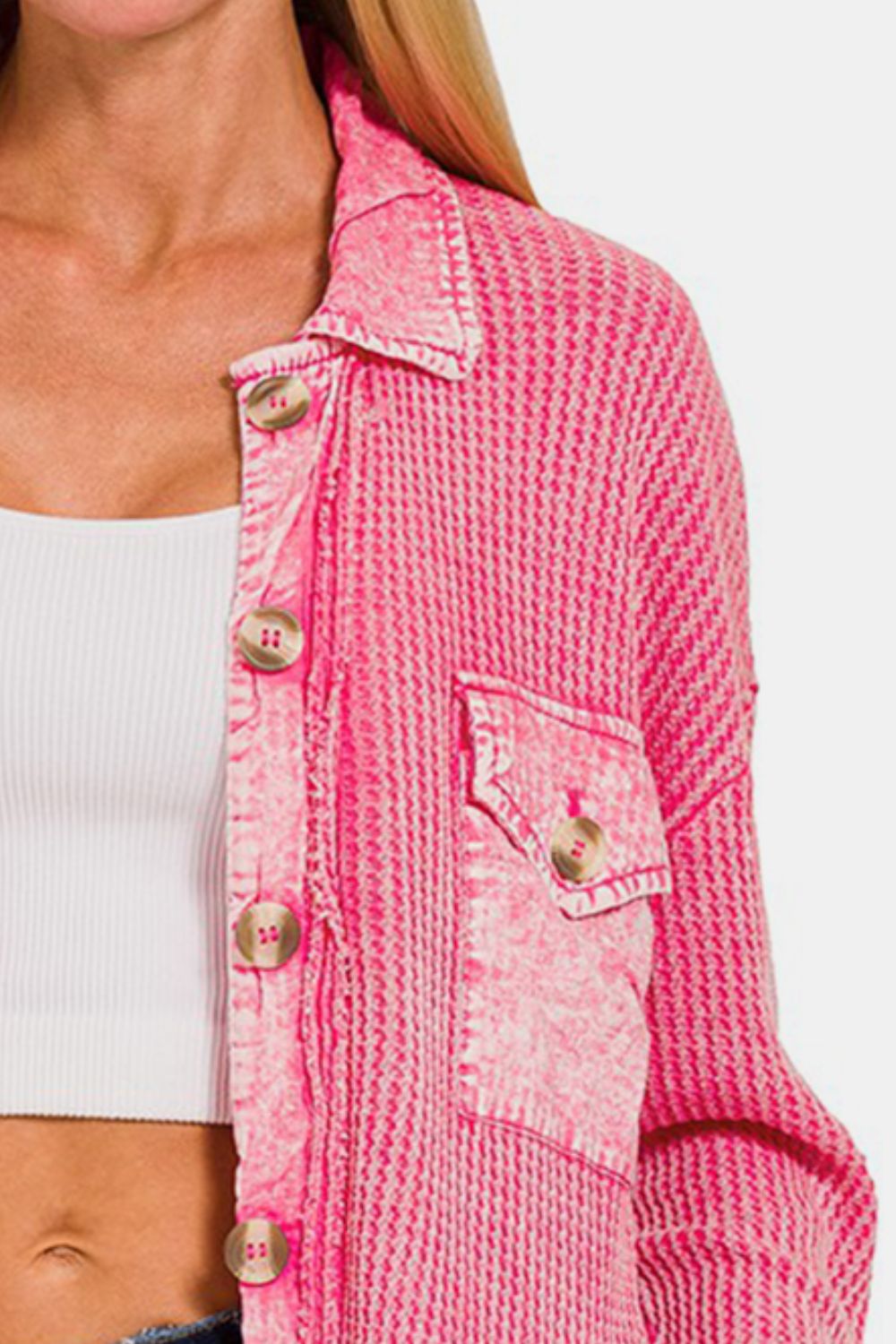 Zenana Waffle-Knit Button Up Dropped Shoulder Jacket 13114 | Gulf Resellers