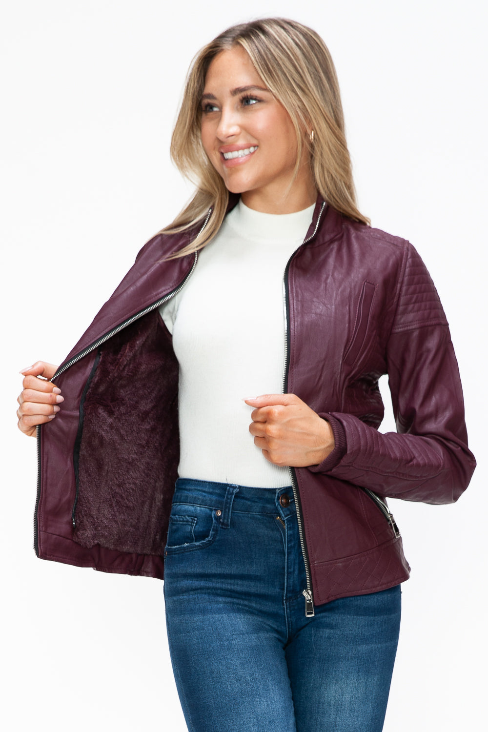 YMI Faux Layered Double-Zipper Jacket with Fuzzy Hood 15734 | Gulf Resellers