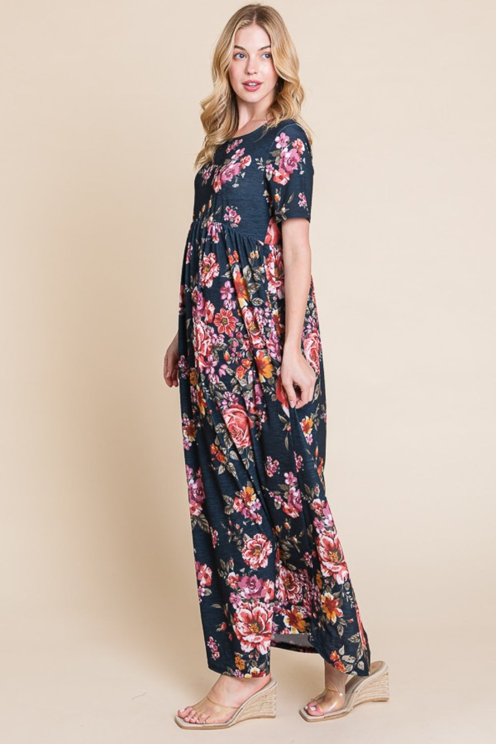 BOMBOM Floral Short Sleeve Maxi Dress 9648 | Gulf Resellers