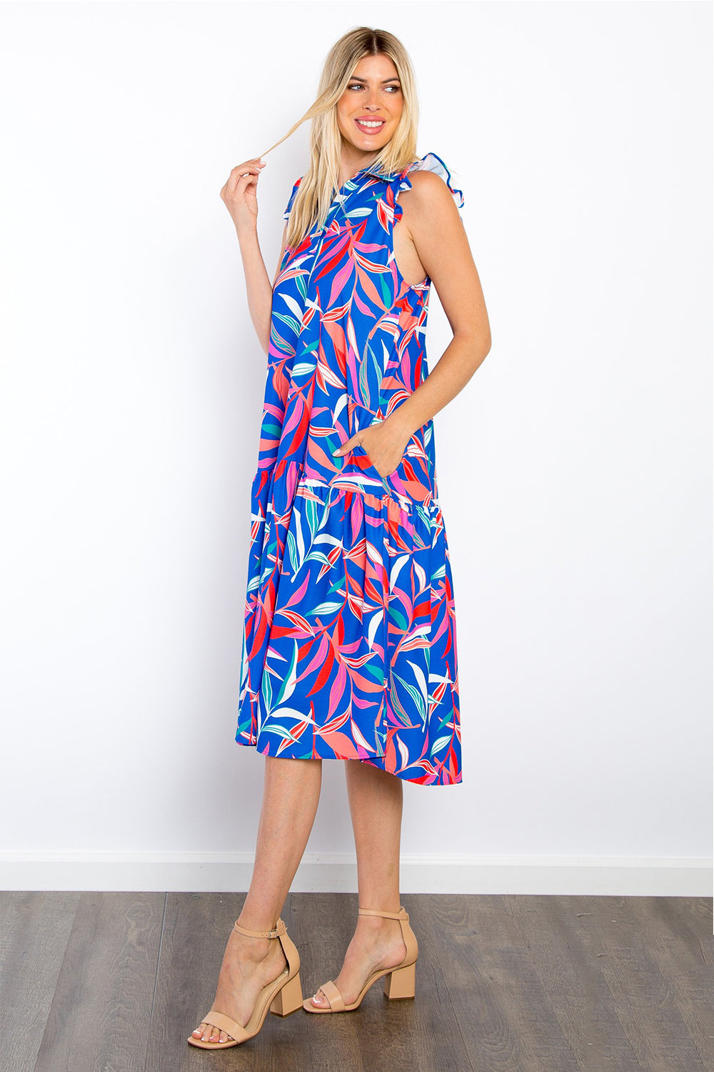 Be Stage Print Ruffled Midi Dress with Pockets 7738 | Gulf Resellers