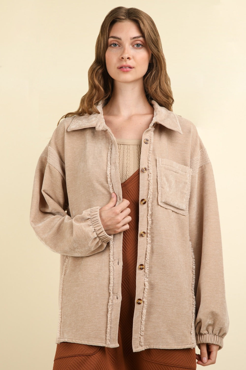 VERY J Mixed Media Button Down Raw Hem Shacket 12514 | Gulf Resellers