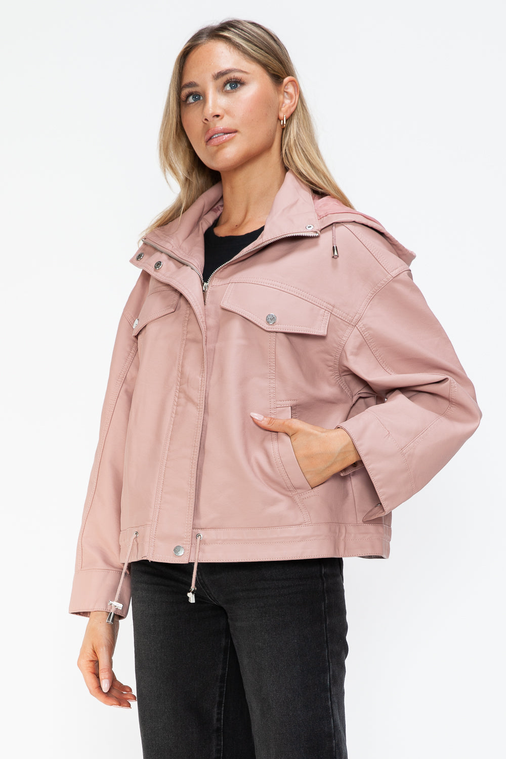 How Dare U Drawstring Hem PU Leather Zip Up Jacket 15547 | Gulf Resellers