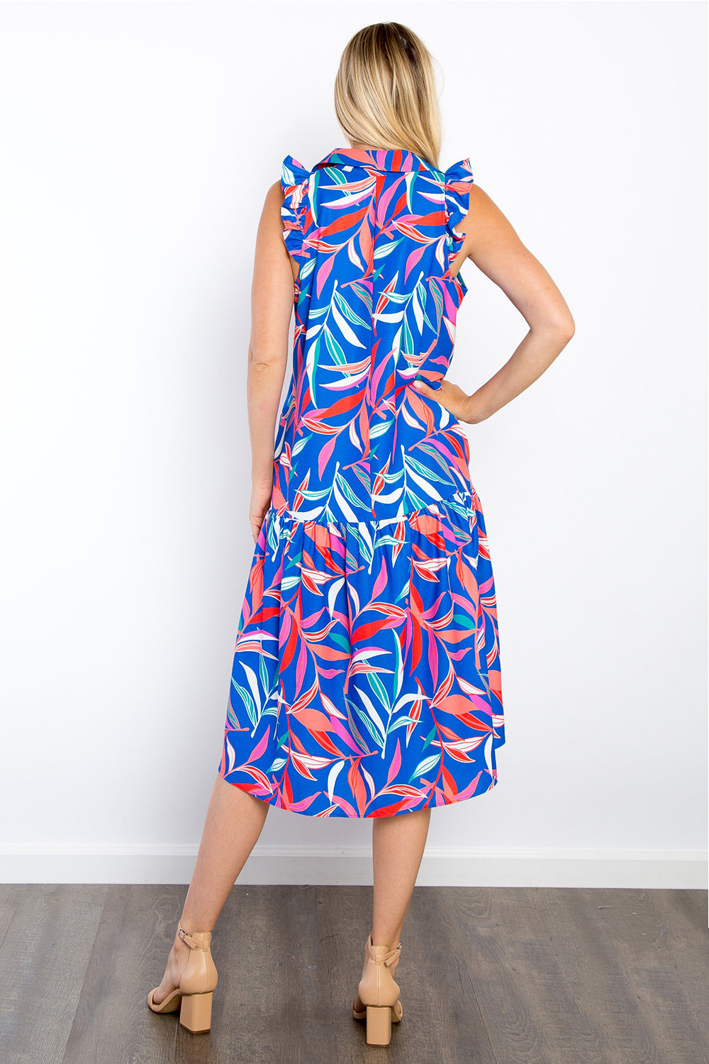 Be Stage Print Ruffled Midi Dress with Pockets 7737 | Gulf Resellers