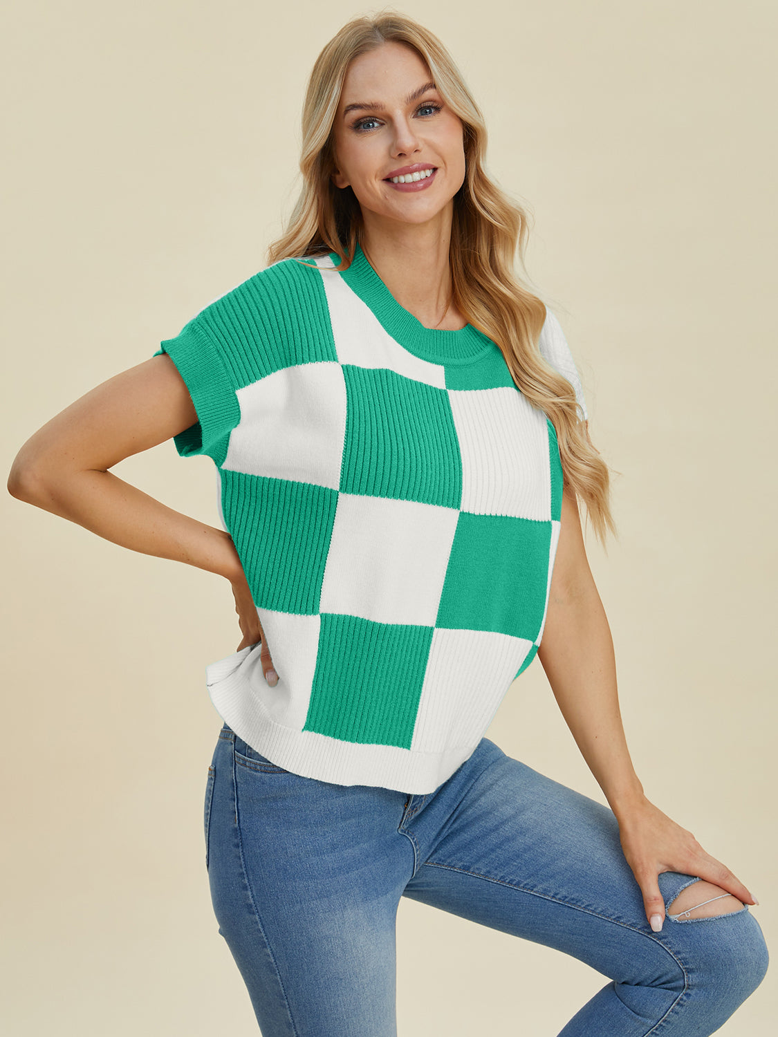 Double Take Full Size Checkered Round Neck Short Sleeve Sweater 8746 | Gulf Resellers