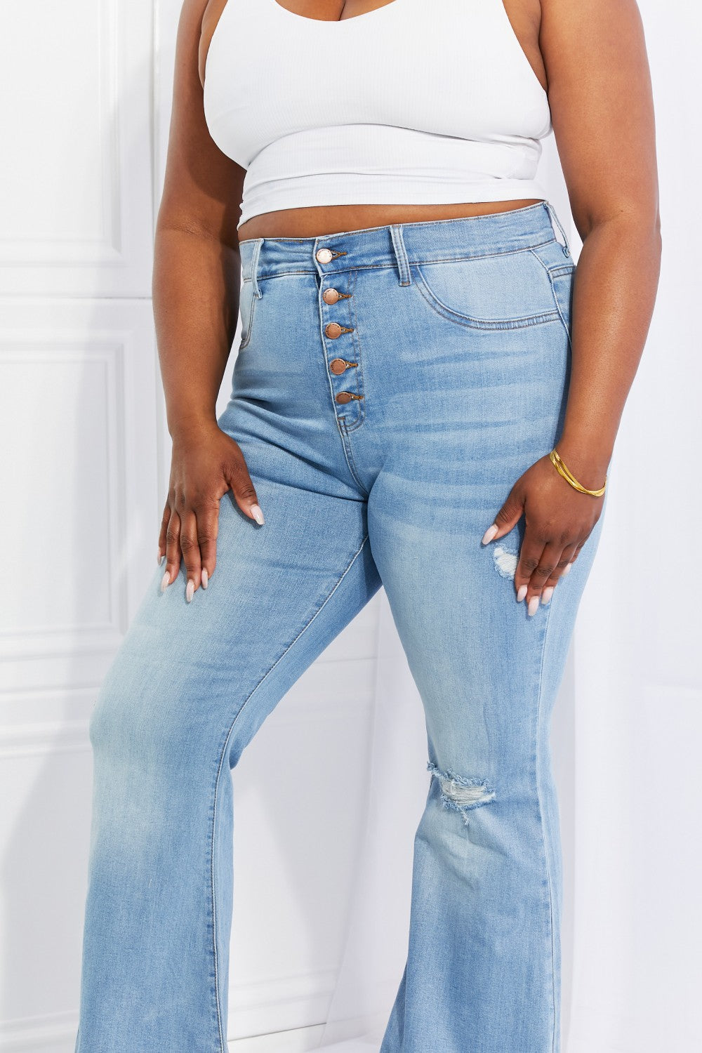 Vibrant MIU Full Size Jess Button Flare Jeans | Gulf Resellers