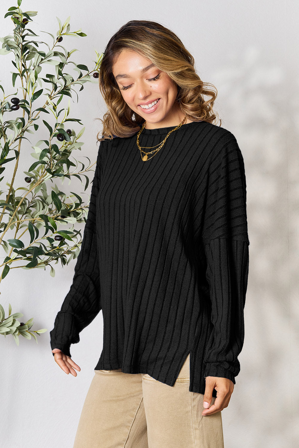 Basic Bae Full Size Ribbed Round Neck Slit Knit Top | Gulf Resellers