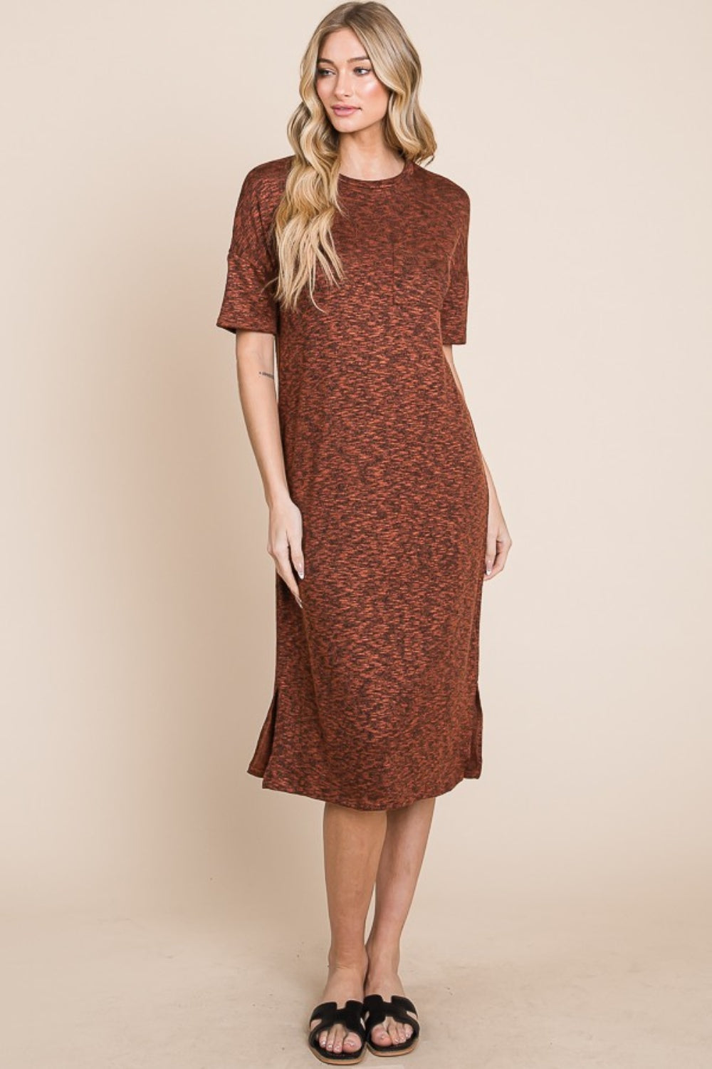 BOMBOM Round Neck Side Slit Midi Dress 9573 | Gulf Resellers