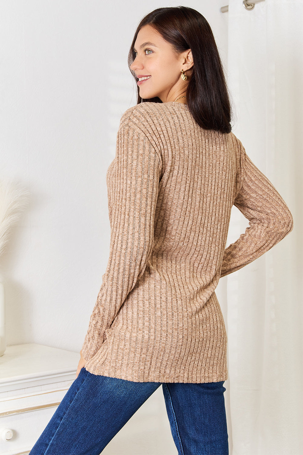 Double Take Notched Neck Ribbed Long Sleeve T-Shirt | Gulf Resellers