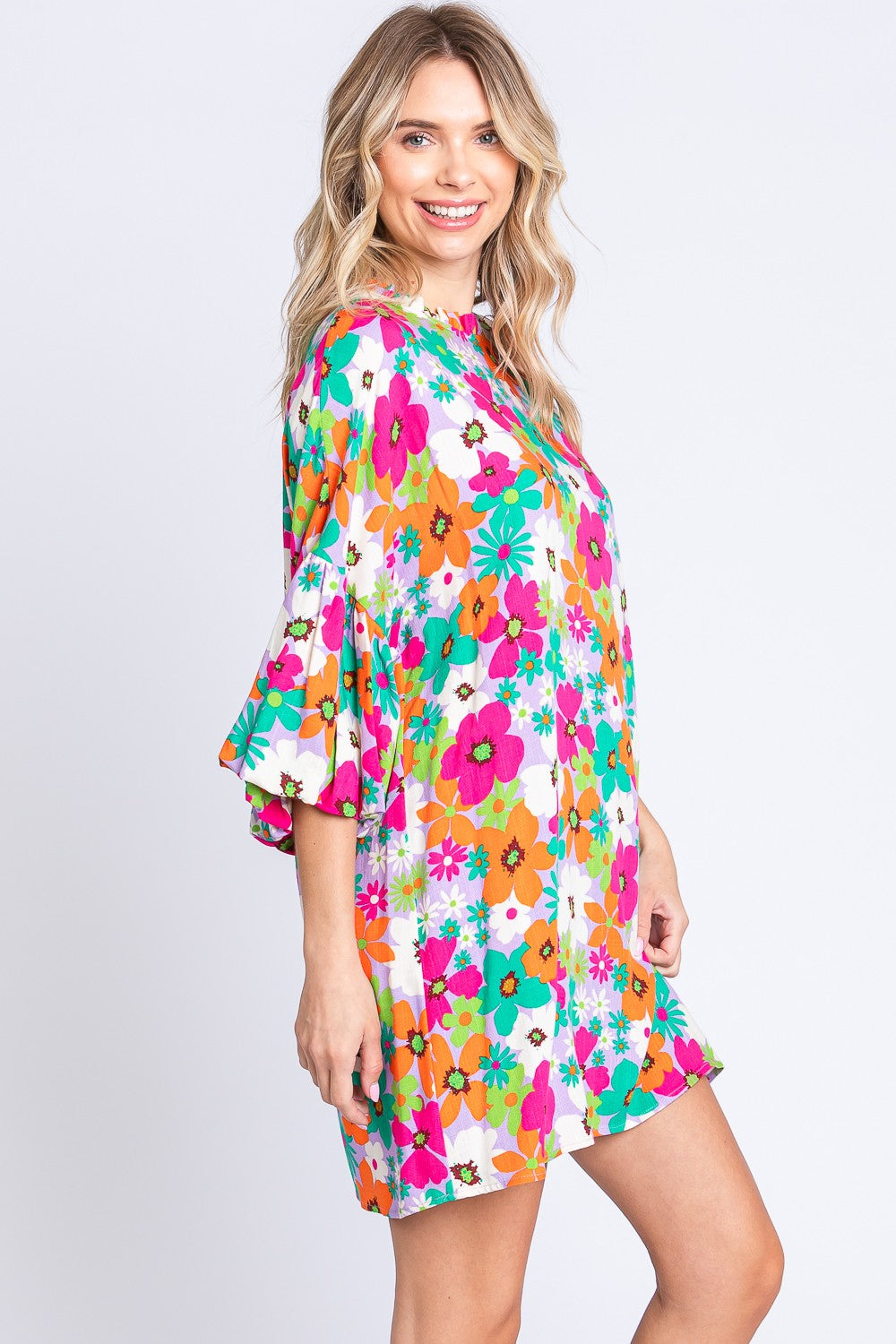 GeeGee Full Size Floral Round Neck Lantern Sleeve Mini Dress 5398 | Gulf Resellers