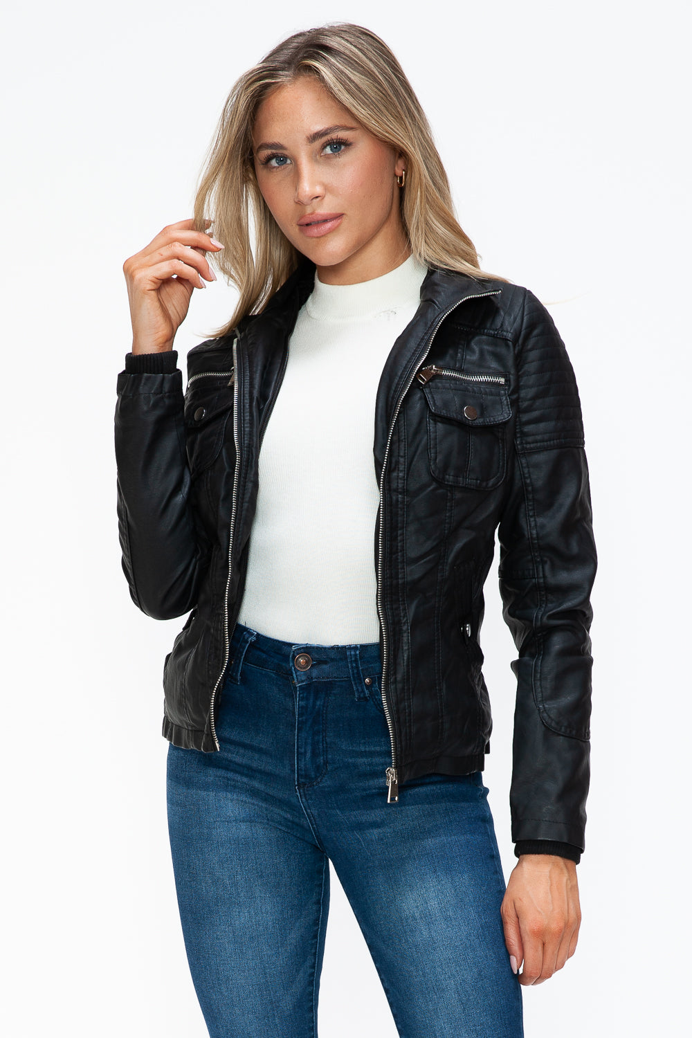 YMI Removable Faux Layered Multi-Pocket Jacket with Fuzzy Hood 15821 | Gulf Resellers