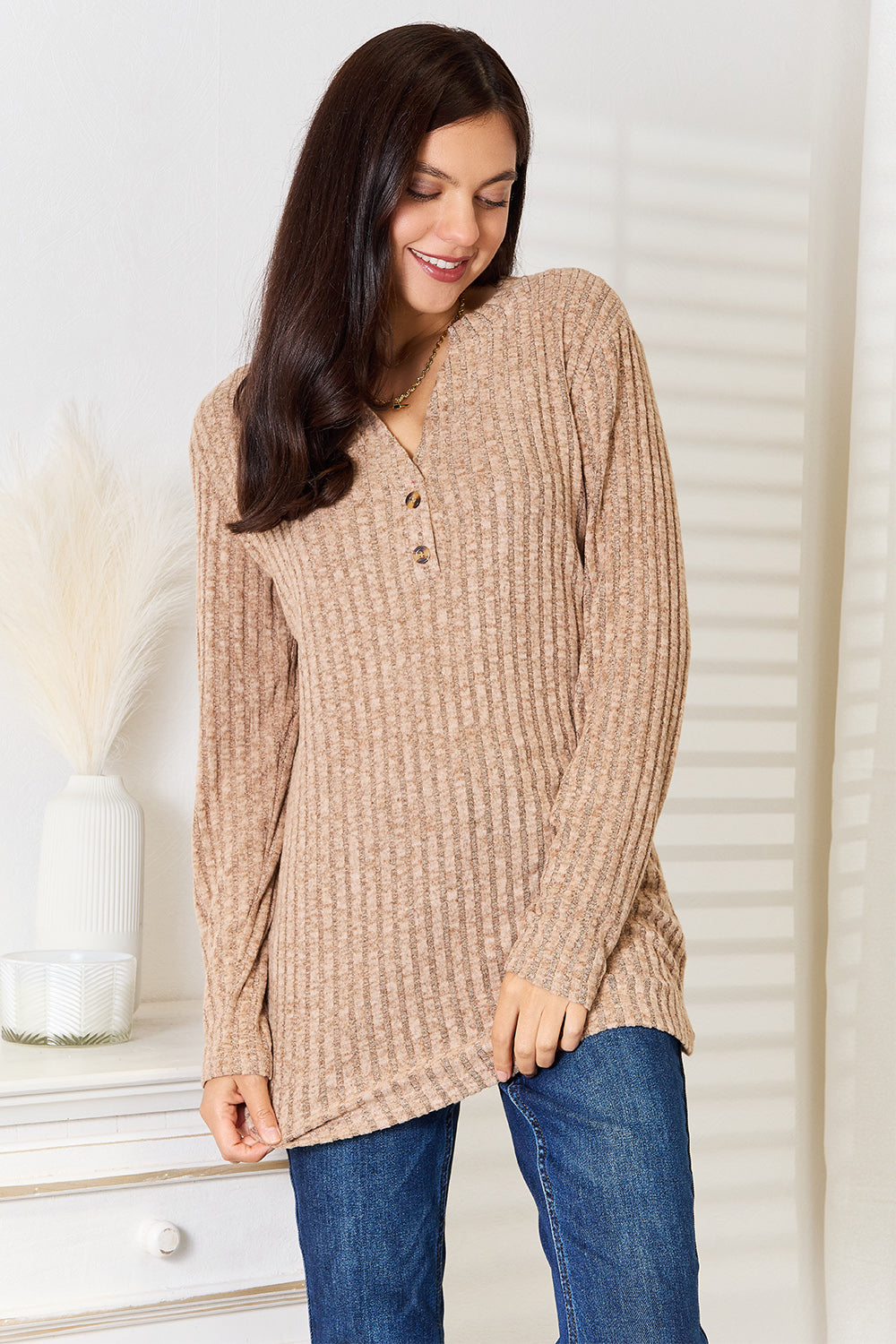 Double Take Notched Neck Ribbed Long Sleeve T-Shirt | Gulf Resellers