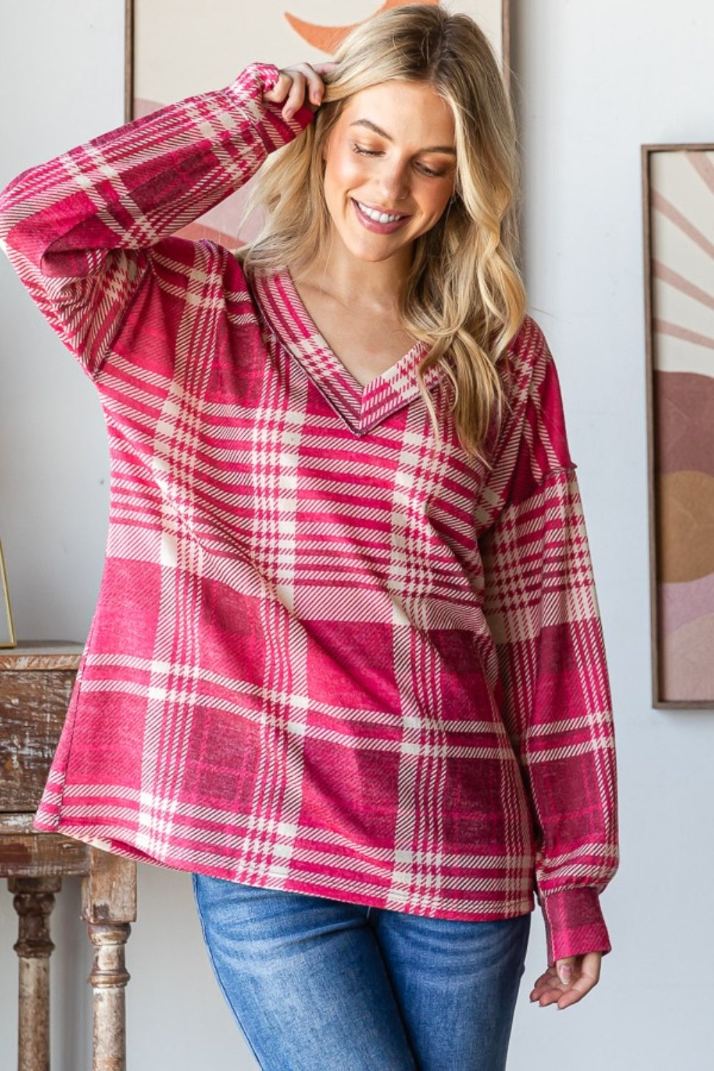 Heimish Plaid Drop Shoulder V-Neck T-Shirt 18198 | Gulf Resellers