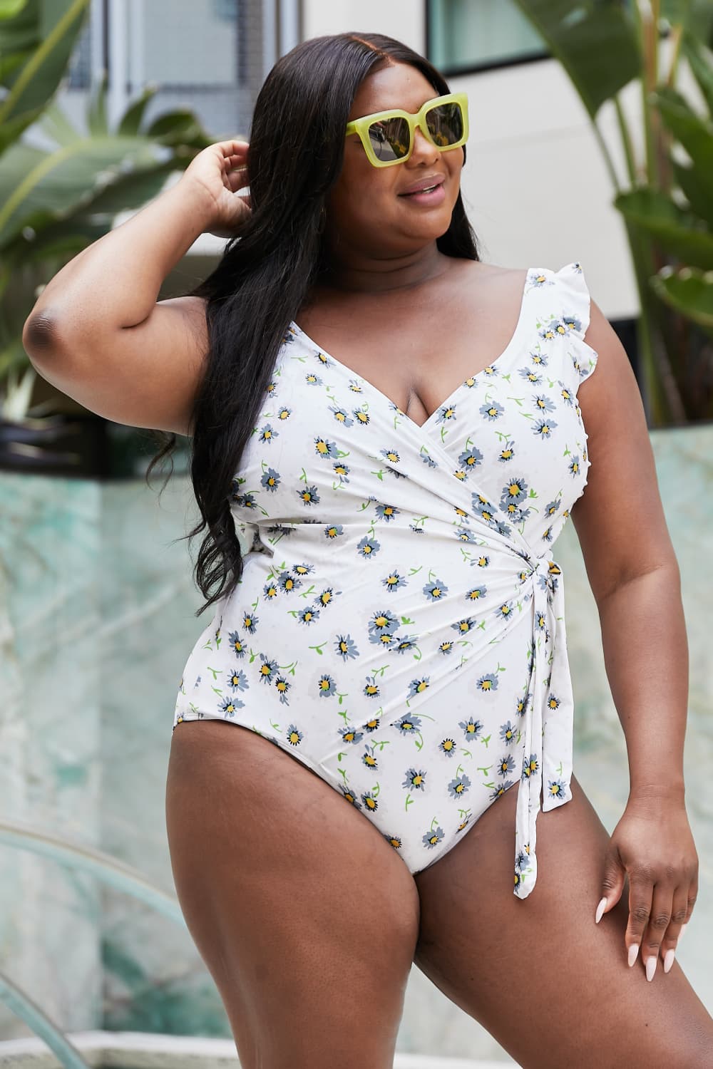 Marina West Swim Float On Ruffle Faux Wrap One-Piece in Daisy Cream | Gulf Resellers