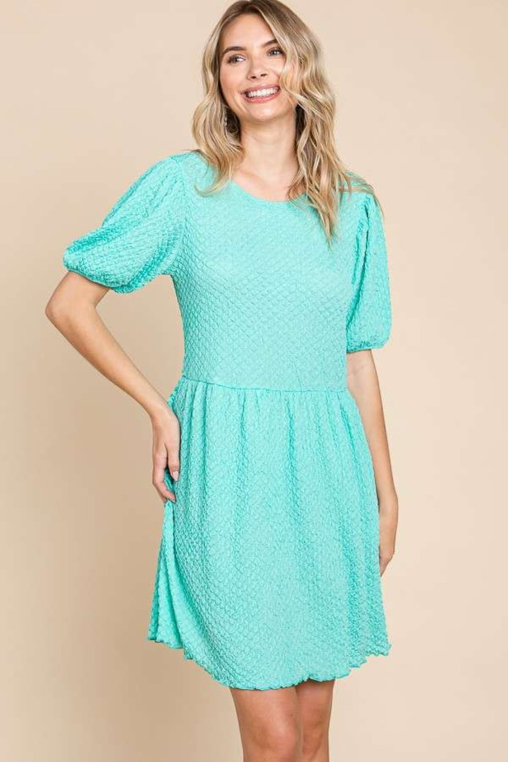Culture Code Full Size Textured Round Neck Puff Sleeve Dress 9584 | Gulf Resellers