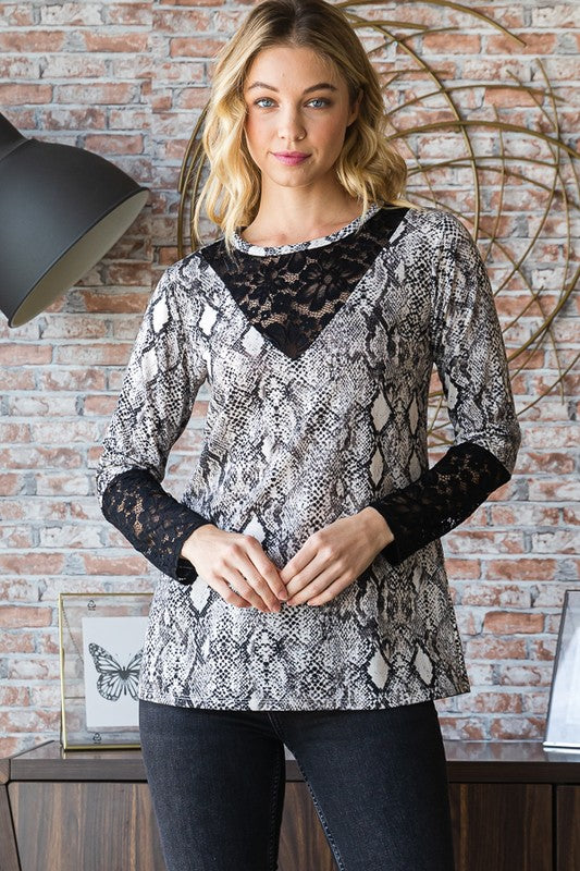 Heimish Full Size Snakeskin Print Round Neck Lace Contrast Top 19776 | Gulf Resellers