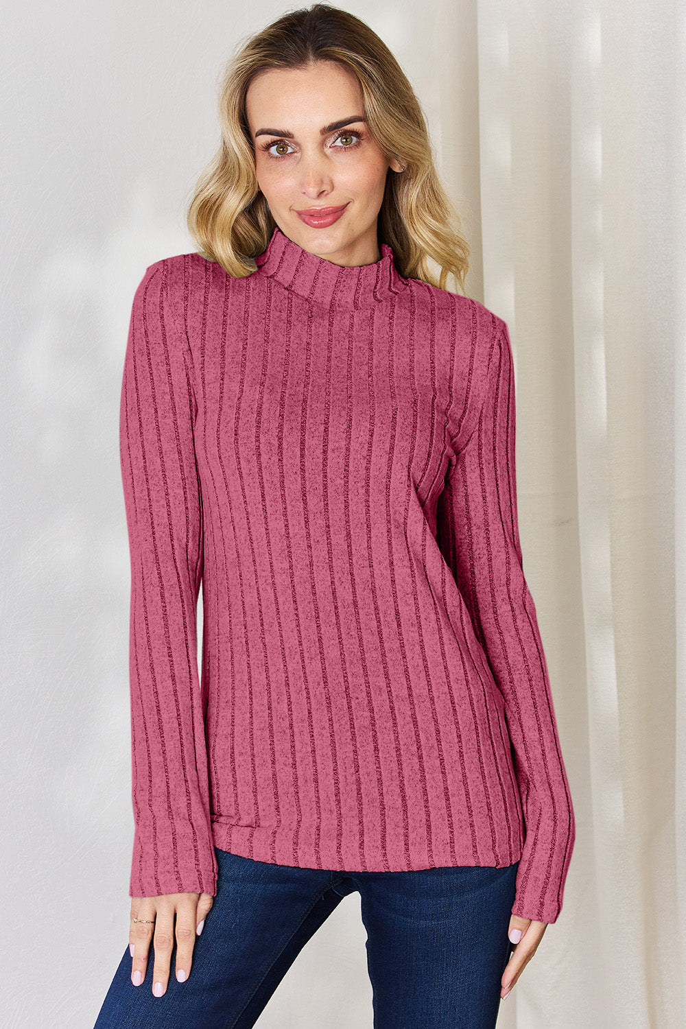 Basic Bae Full Size Ribbed Mock Neck Long Sleeve T-Shirt | Gulf Resellers