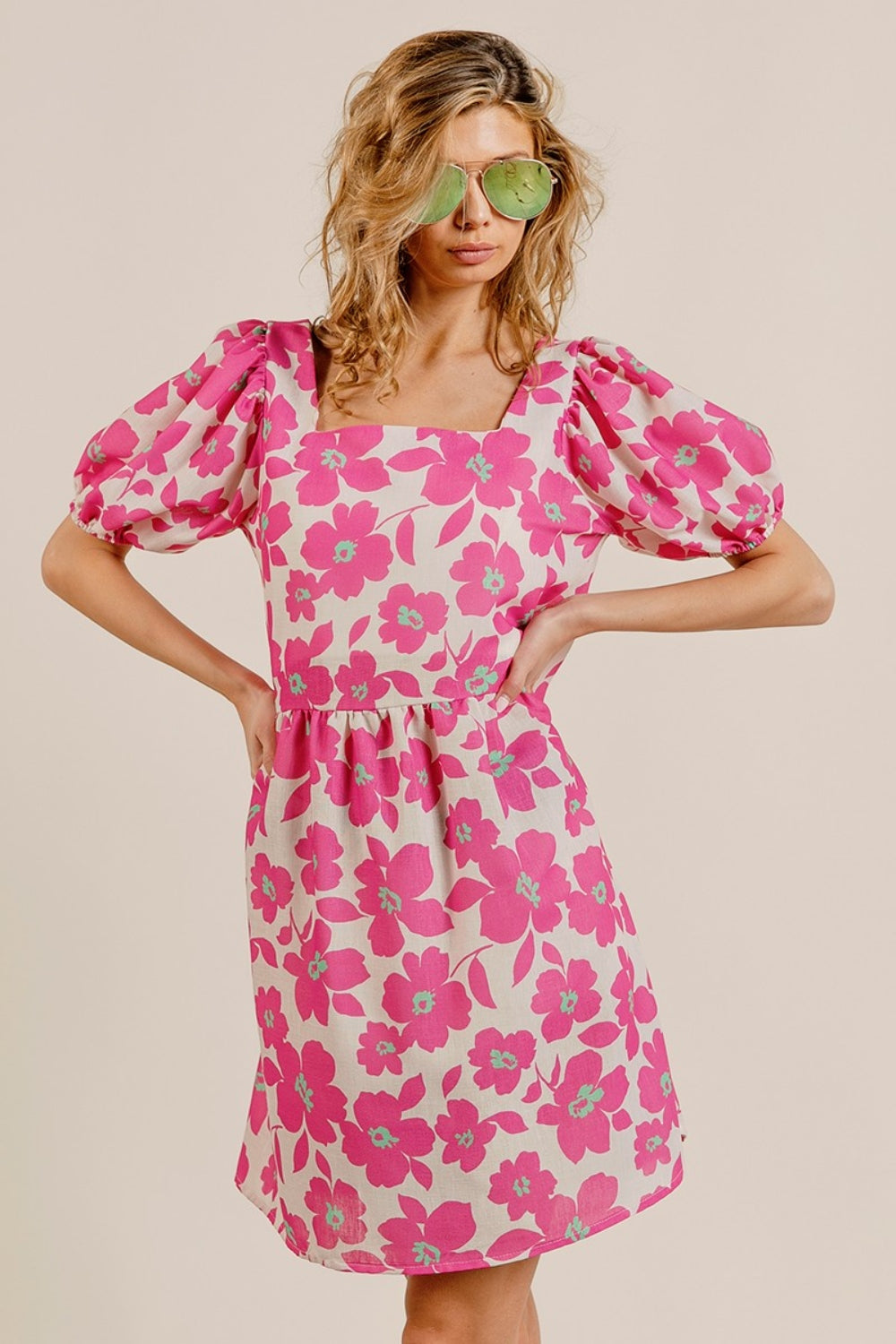 BiBi Printed Square Neck Puff Sleeve Mini Dress 6020 | Gulf Resellers