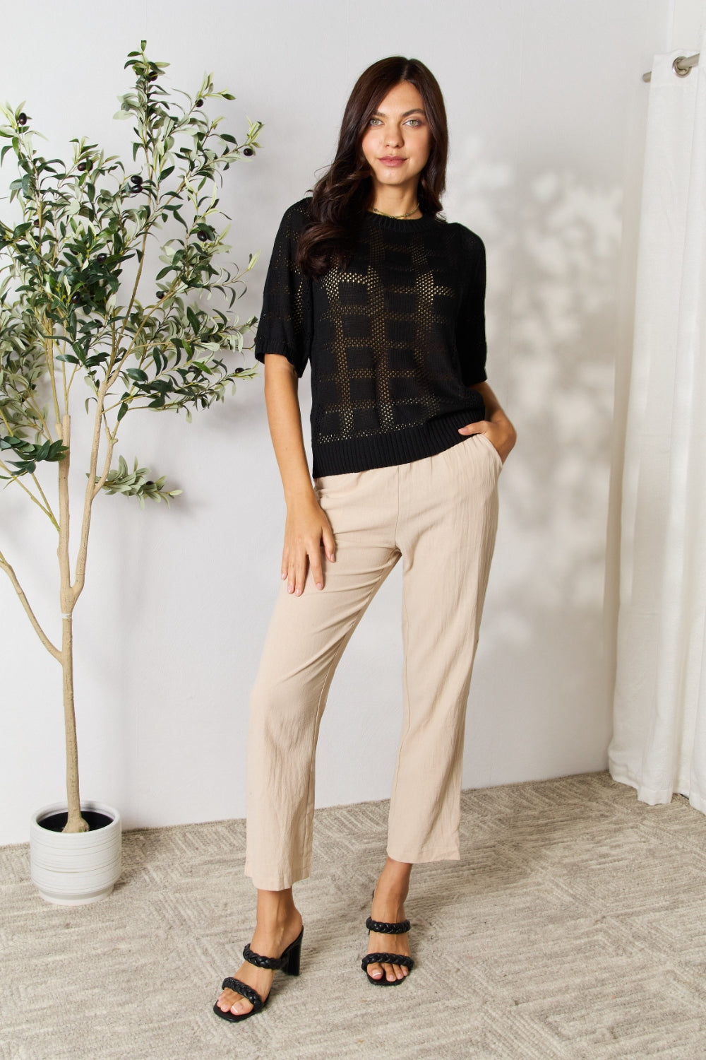 Double Take Ribbed Trim Round Neck Knit Top | Gulf Resellers