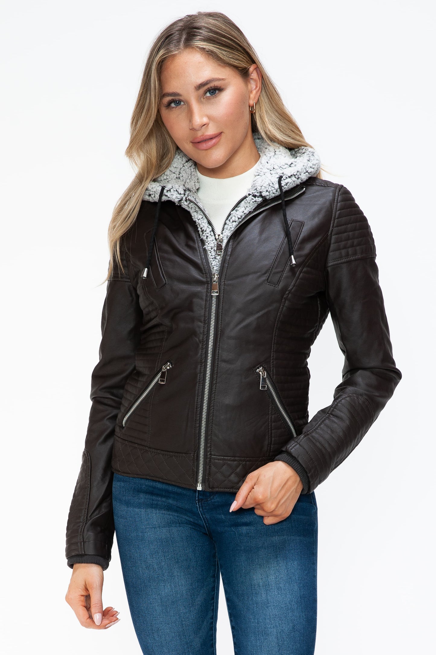 YMI Faux Layered Double-Zipper Jacket with Fuzzy Hood 15941 | Gulf Resellers