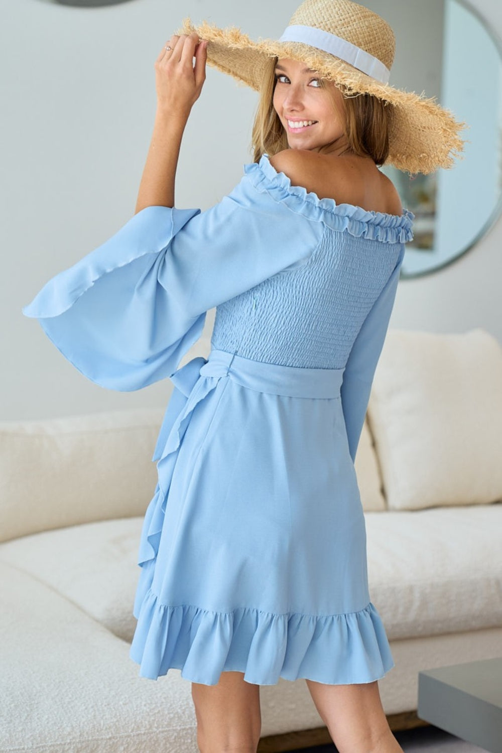 BiBi Smocked Ruffled Front Tie Mini Dress 6565 | Gulf Resellers