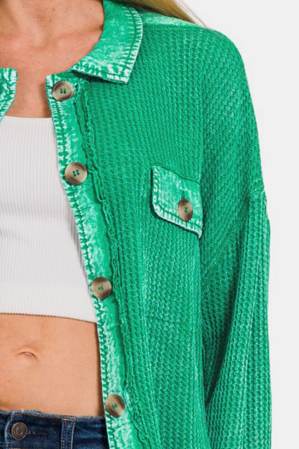 Zenana Waffle-Knit Button Up Dropped Shoulder Jacket 13154 | Gulf Resellers