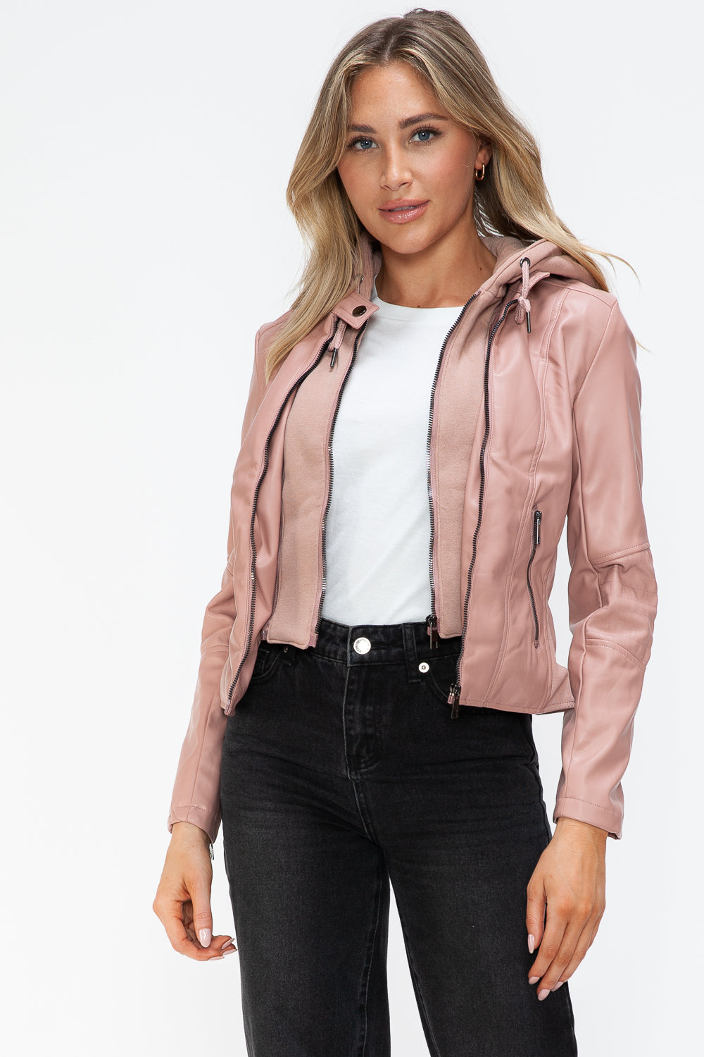 Snobbish Faux Leather Zip Up Drawstring Hooded Jacket 15163 | Gulf Resellers