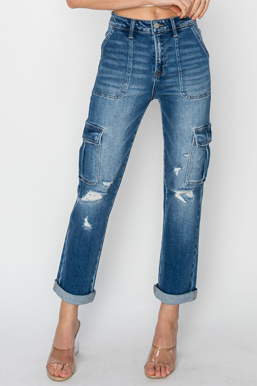 RISEN Full Size High Rise Cargo Ankle Roll Up Straight Jeans 10777 | Gulf Resellers