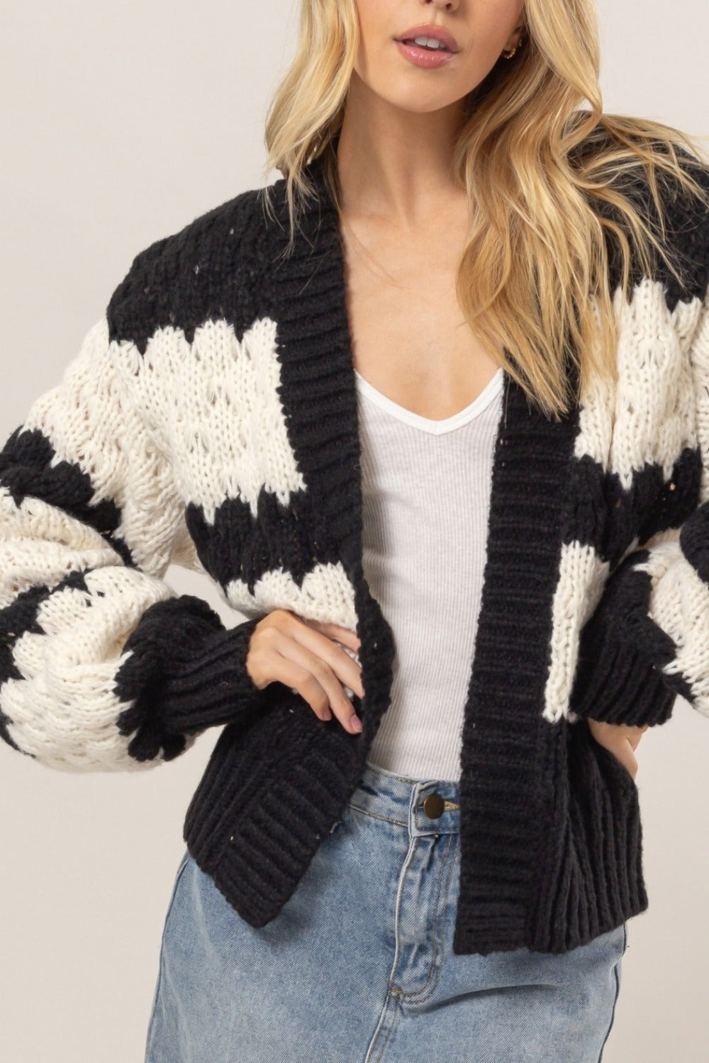 HYFVE Scallop Striped Open Front Long Sleeve Sweater Cardigan 11542 | Gulf Resellers