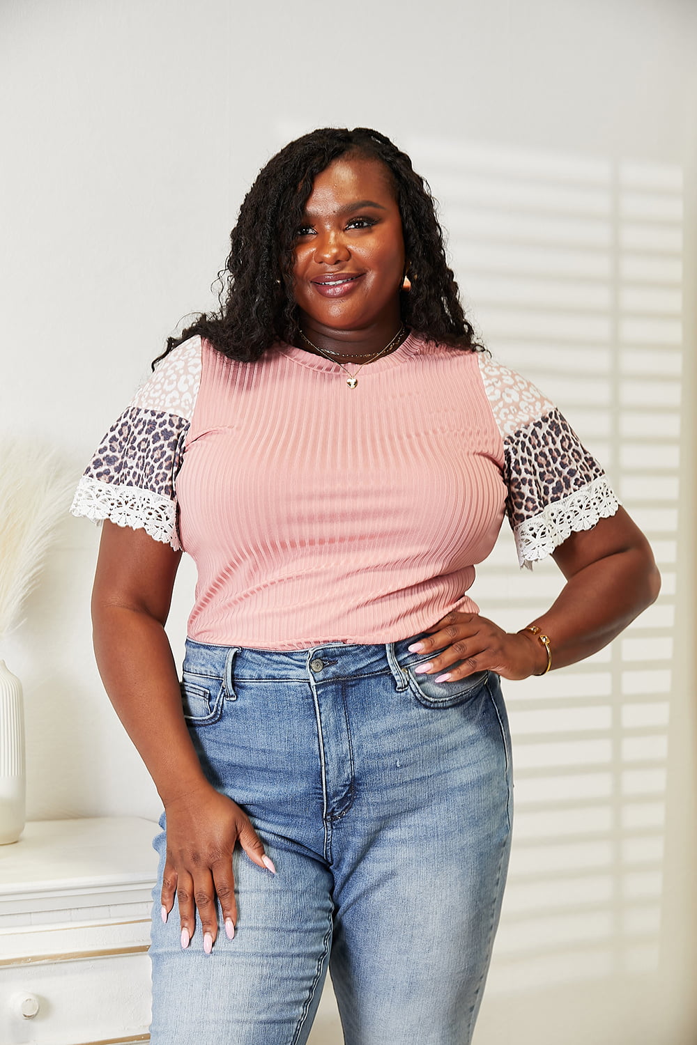 Double Take Leopard Lace Trim Ribbed Round Neck Top | Gulf Resellers