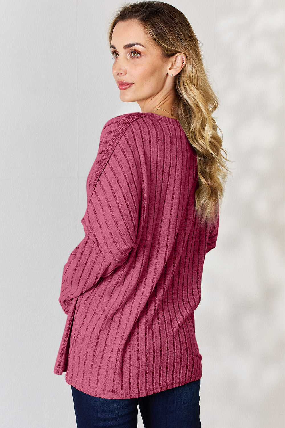 Basic Bae Full Size Ribbed Half Button Long Sleeve T-Shirt | Gulf Resellers